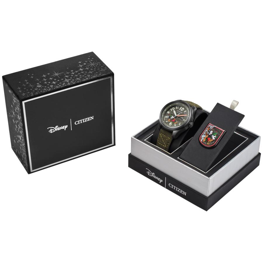 CITIZEN メンズ腕時計 AW0148-47W アルパインミッキーマウス ボックスセット 3針 ブラックIPステンレス オリーブコーデュラストラップの画像
