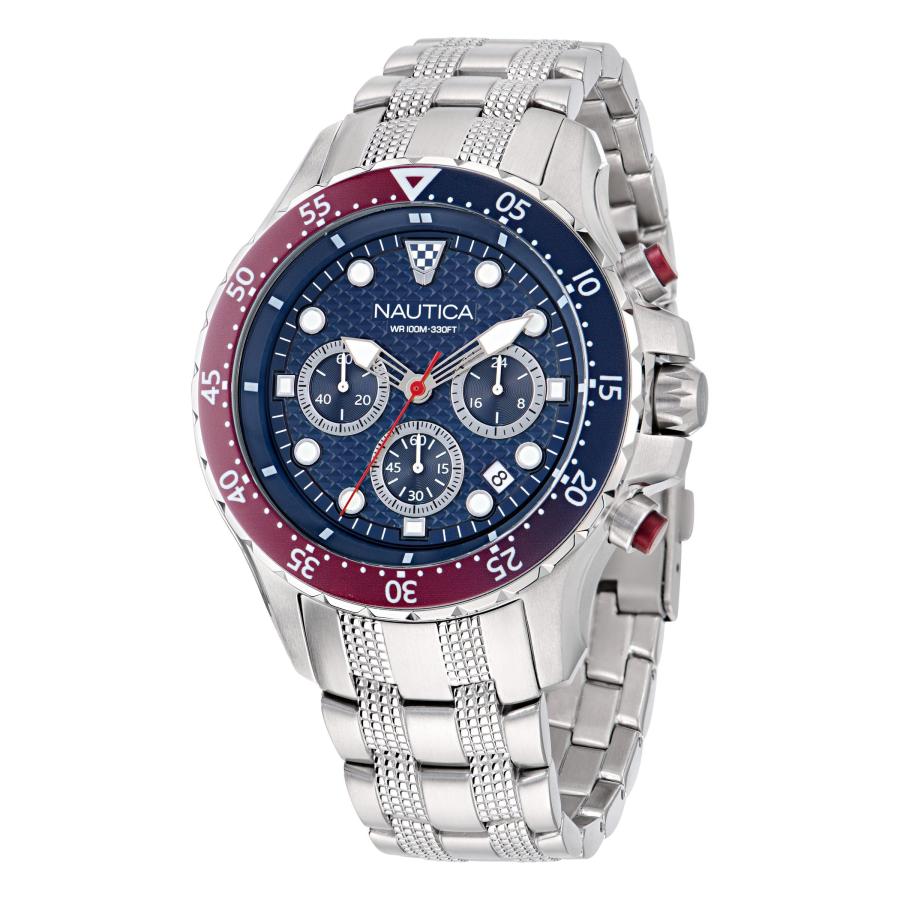 Nautica NST メンズ腕時計 44mm クロノグラフ ブルーダイヤル ステンレスブレスレット＋シリコンストラップ 夜光針 ボックスセットの画像