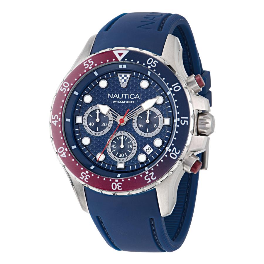 Nautica NST メンズ腕時計 44mm クロノグラフ ブルーダイヤル ステンレスブレスレット＋シリコンストラップ 夜光針 ボックスセットの画像