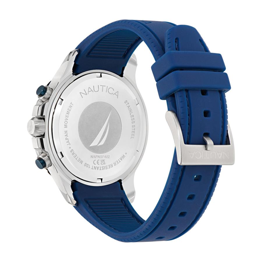 Nautica NST メンズ腕時計 44mm クロノグラフ ブルーダイヤル 日付付き シリコンストラップ 夜光針 90%リサイクルスチールの画像
