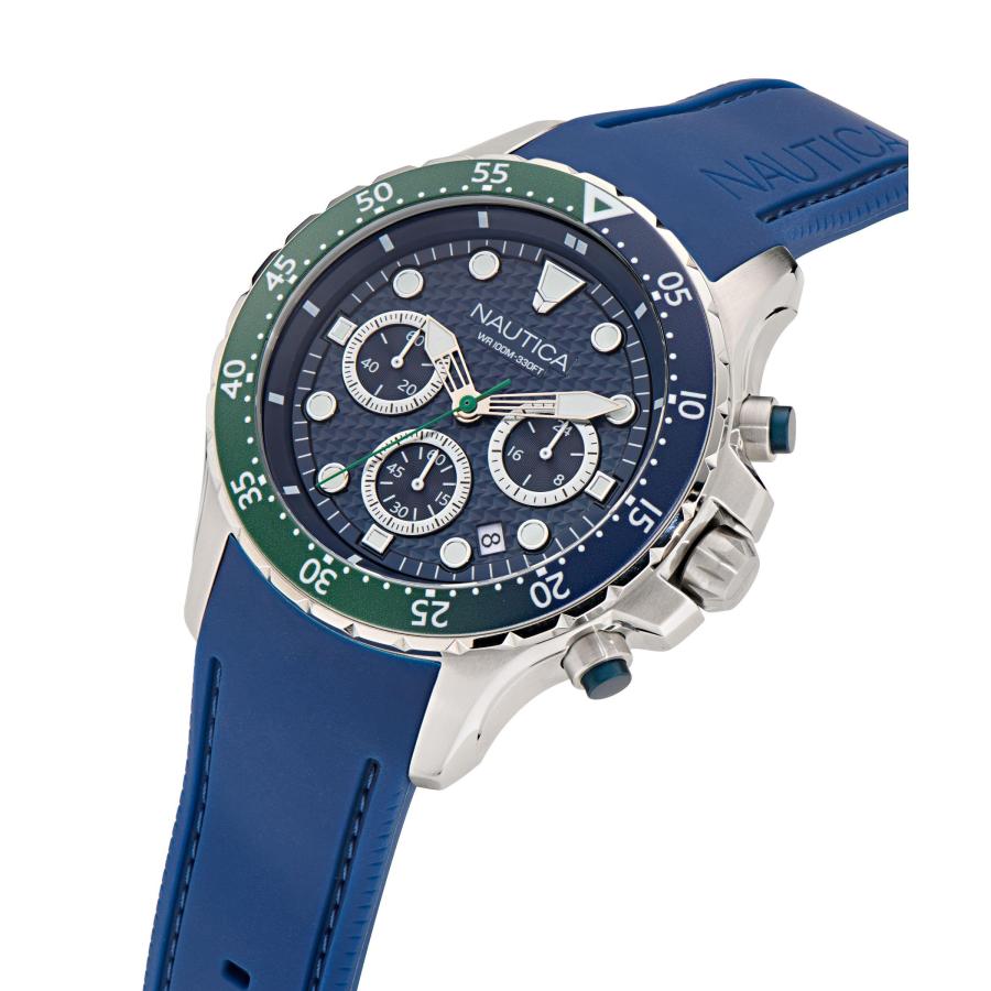 Nautica NST メンズ腕時計 44mm クロノグラフ ブルーダイヤル 日付付き シリコンストラップ 夜光針 90%リサイクルスチールの画像