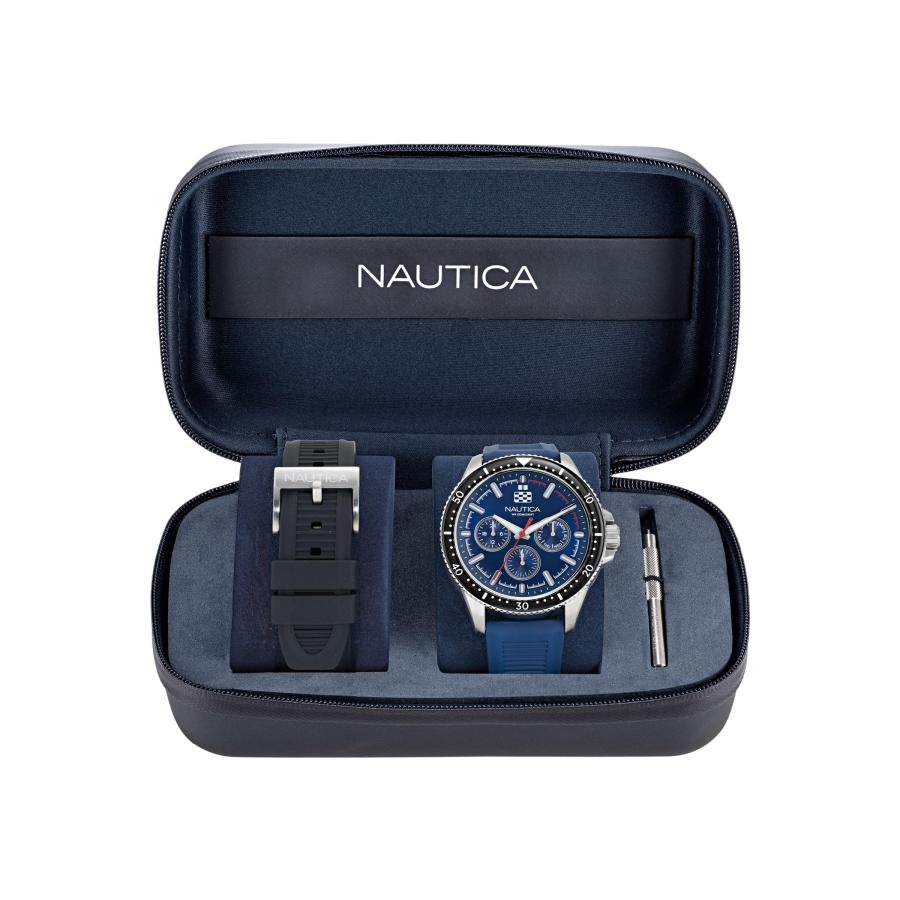 Nautica NCT Windrose メンズ腕時計 46mm 多機能 ブルーダイヤル ウィートPUファイバーストラップ ボックスセット 夜光針の画像
