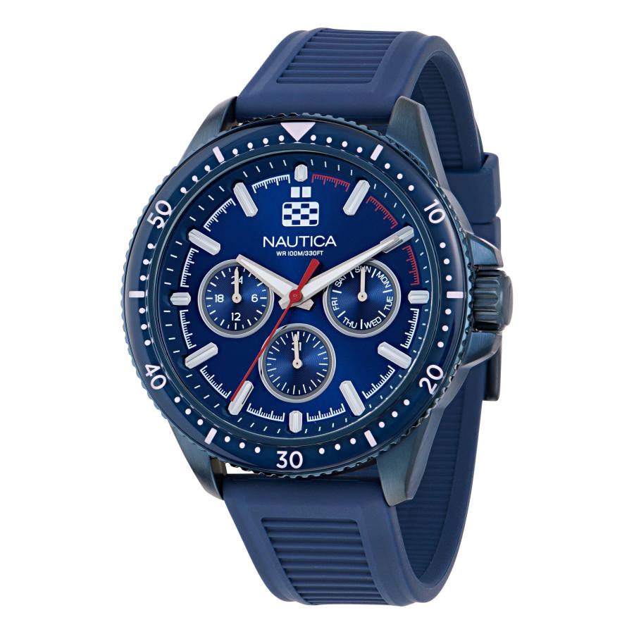 Nautica NCT Windrose メンズ腕時計 46mm 多機能 ブルーIPステンレス ブルー×レッドストラップ ボックスセット 夜光針の画像