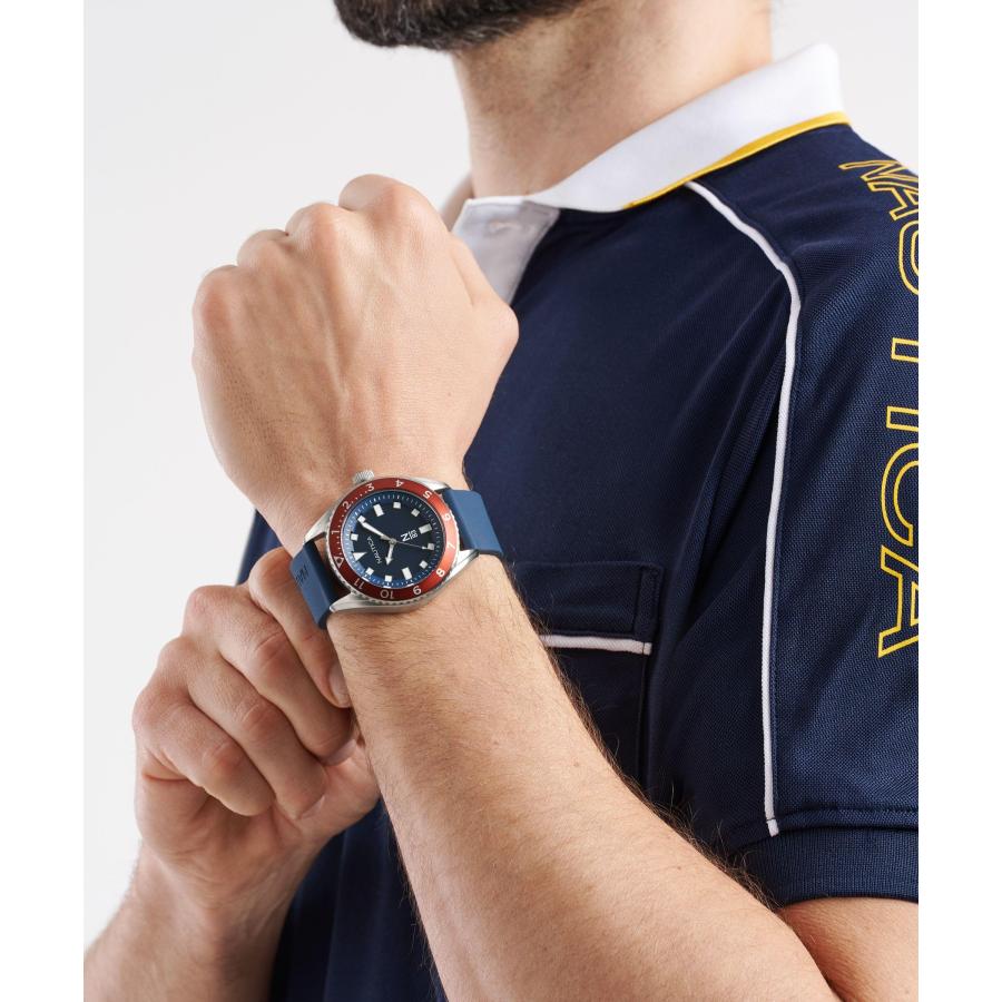 Nautica FINN World メンズ腕時計 44mm 3針 ブルーダイヤル 夜光針 シリコンストラップ 90%リサイクルスチールケースの画像