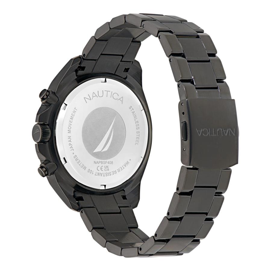 Nautica NCT Blue SAIL ステンレス ブレスレットウォッチ 46mm クロノグラフ 日付 100m防水 夜光針 IPブラックの画像