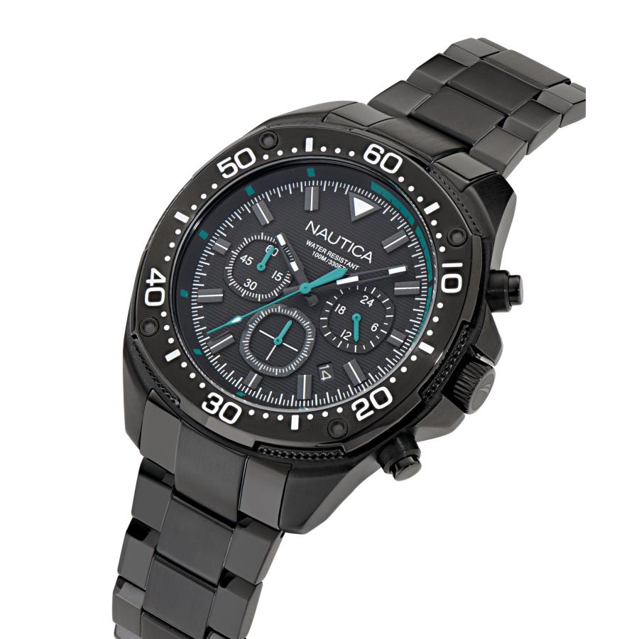 Nautica NCT Blue SAIL ステンレス ブレスレットウォッチ 46mm クロノグラフ 日付 100m防水 夜光針 IPブラックの画像