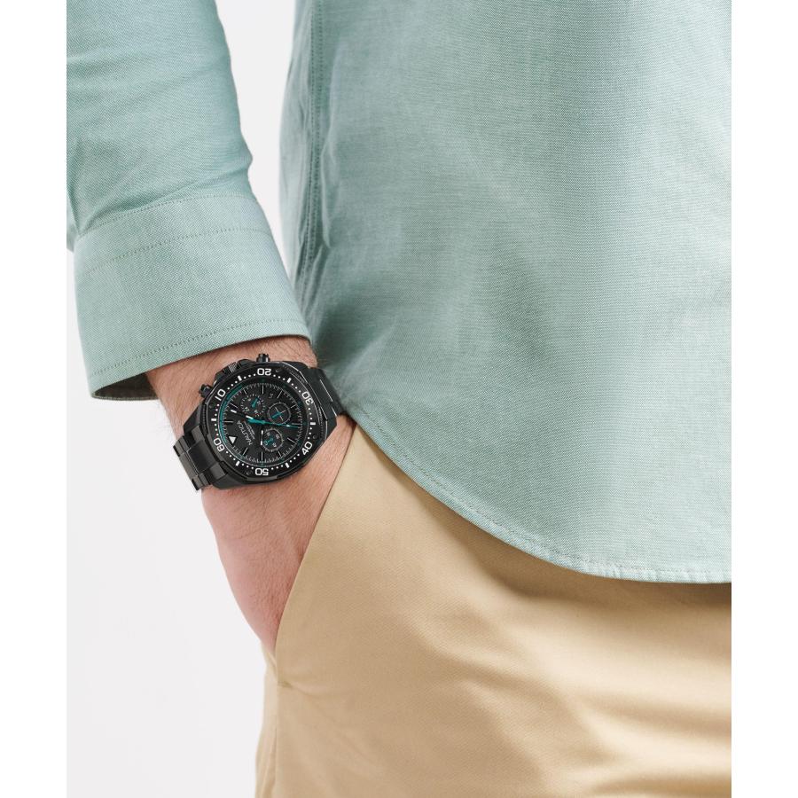 Nautica NCT Blue SAIL ステンレス ブレスレットウォッチ 46mm クロノグラフ 日付 100m防水 夜光針 IPブラックの画像