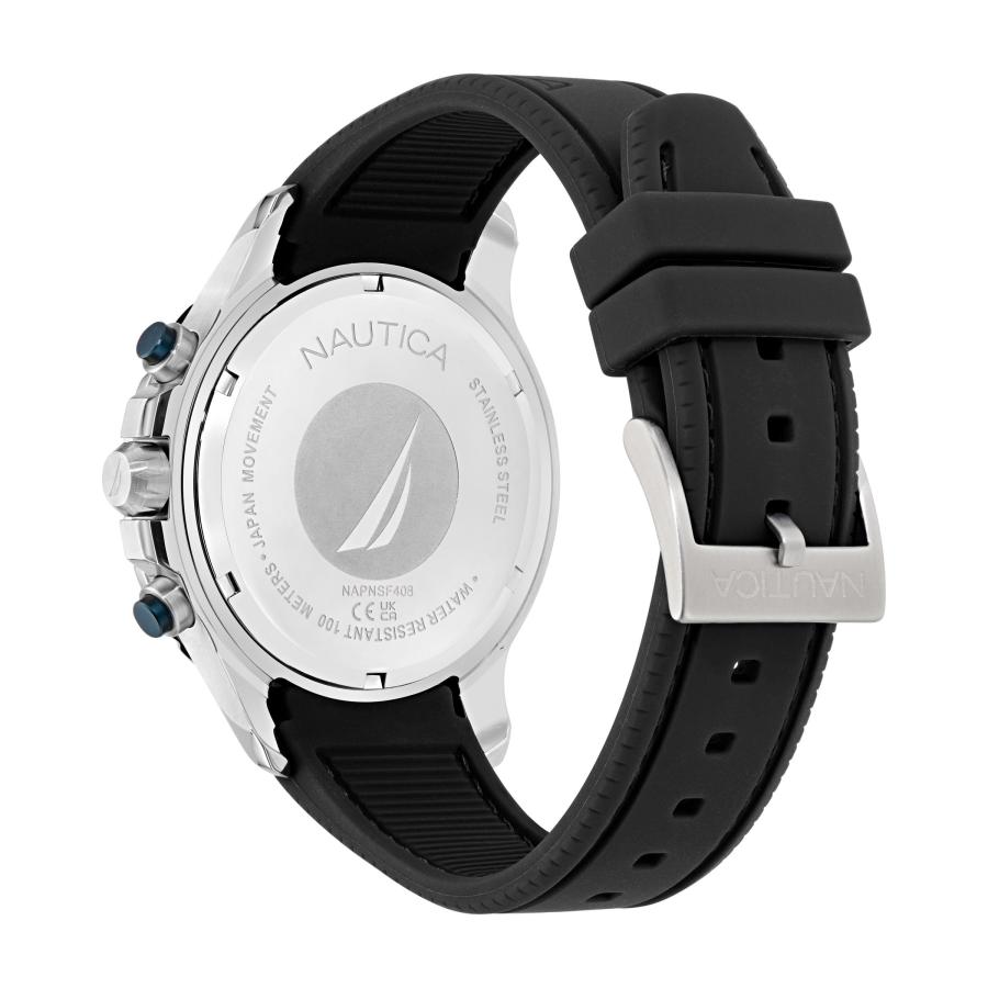 Nautica NST シリコンストラップ ウォッチボックスセット 44mm クロノグラフ 日付 100m防水 夜光針 シルバーの画像