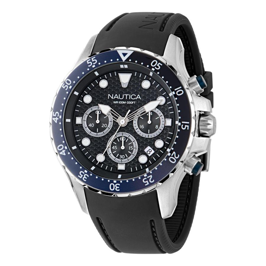 Nautica NST シリコンストラップ ウォッチボックスセット 44mm クロノグラフ 日付 100m防水 夜光針 シルバーの画像