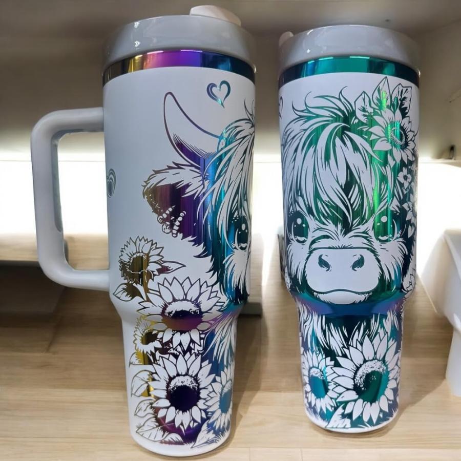 Silva lining designing Tumbler, 40oz Tumbler, Western Tumbler, Engraved Cup with Handle, Cute Coffee Mug, 40oz Coffee Mug (White/rainbow-Cute cow)の画像