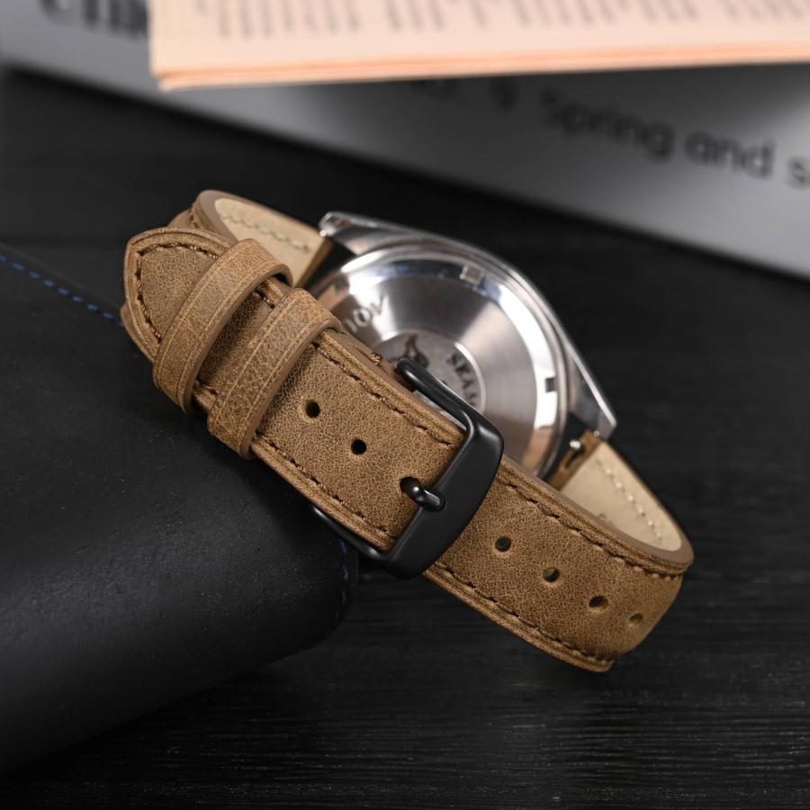 ANBEER クレイジーホースレザー時計バンド クイックリリース 20mm ジンジャーブレッド ブラックバックルの画像