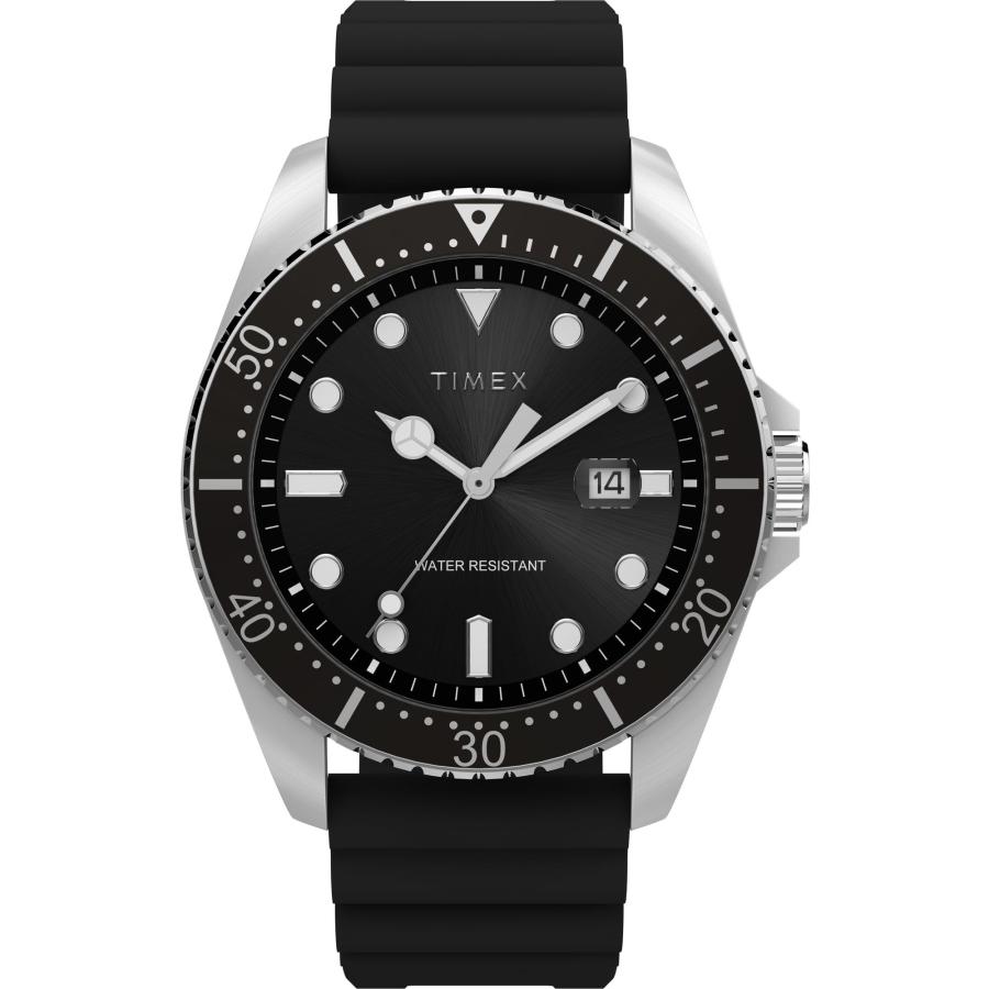 Timex メンズ ドレス 42mm ブラックシリコンストラップ ブラックダイヤル シルバートーンケース