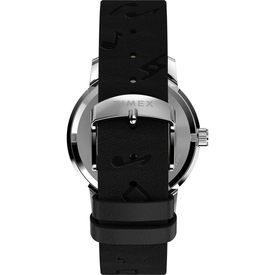 Timex x Peanuts Marlin 自動巻き 40mm ブラックレザー シルバートーンダイヤル スヌーピー柄の画像