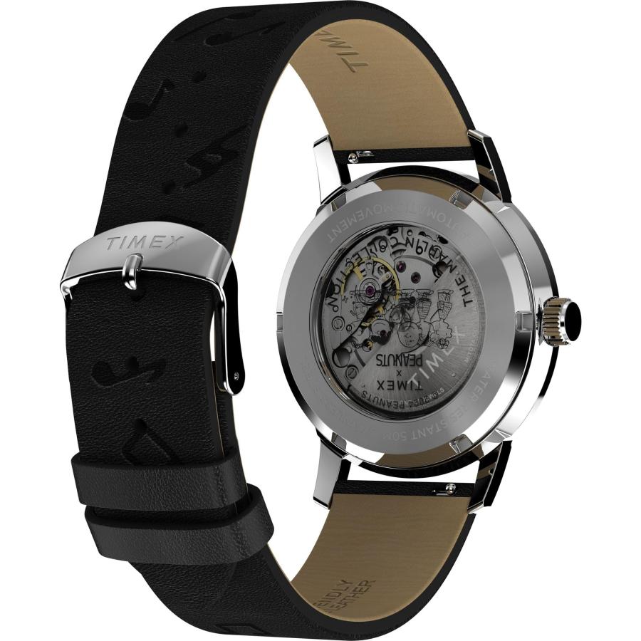 Timex x Peanuts Marlin 自動巻き 40mm ブラックレザー シルバートーンダイヤル スヌーピー柄の画像