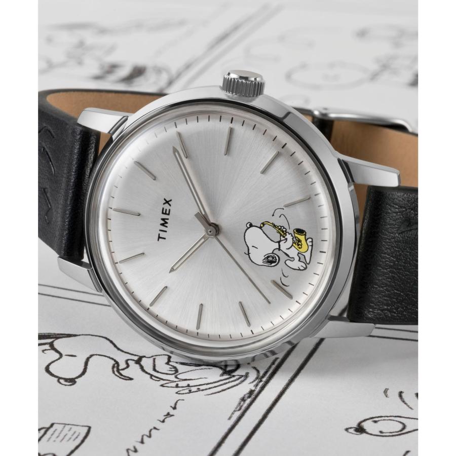 Timex x Peanuts Marlin 自動巻き 40mm ブラックレザー シルバートーンダイヤル スヌーピー柄の画像
