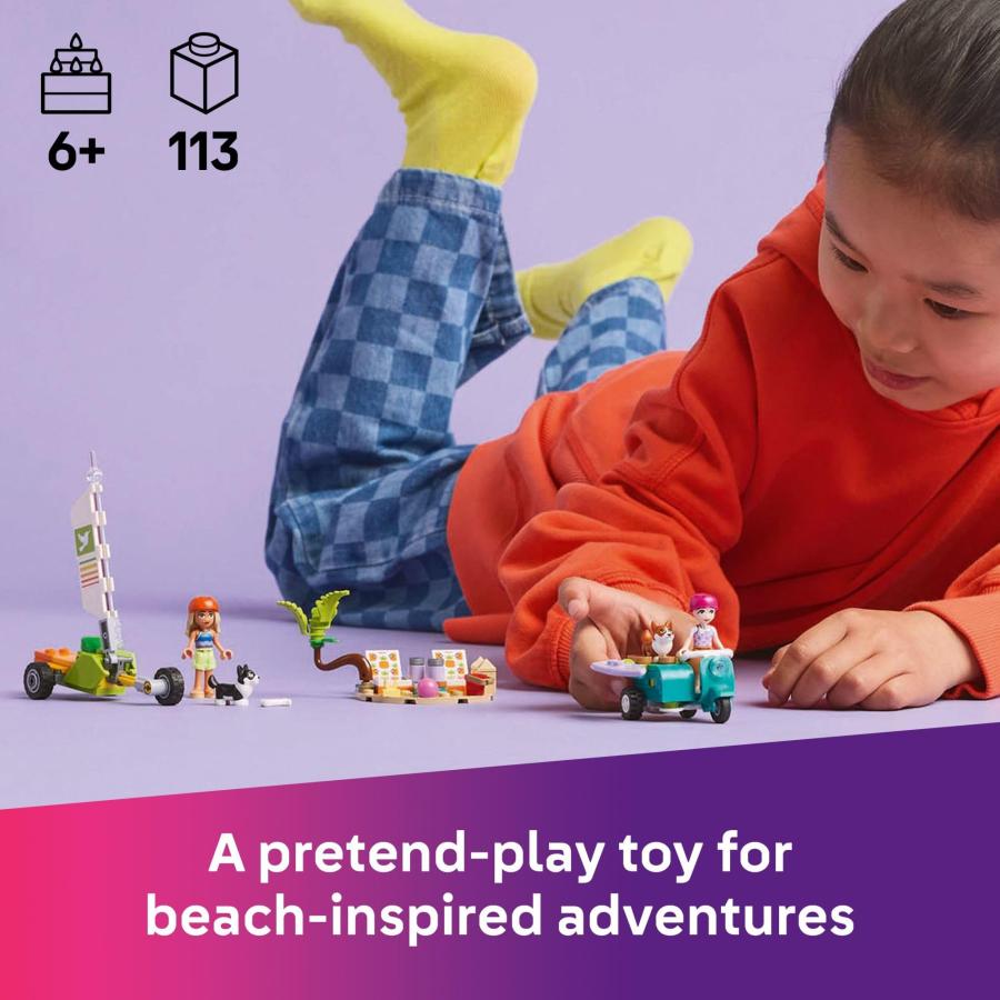 LEGO Friends Surfing Dogs and Scooter Adventure - Building Toy Pretend Play Set for Kids， Girls and Boys， Ages 6+ - with 2 Minidolls and 2 Corgi Toy D