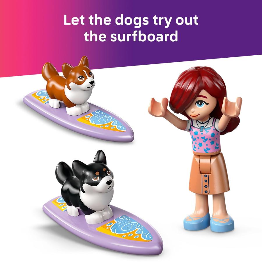 LEGO Friends Surfing Dogs and Scooter Adventure - Building Toy Pretend Play Set for Kids， Girls and Boys， Ages 6+ - with 2 Minidolls and 2 Corgi Toy D