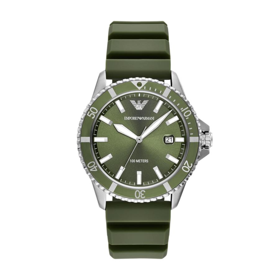 Emporio Armani ワールドエクスプローラー 3針デイト メンズ腕時計 AR11638 42mm グリーンサンレイダイヤル シリコンストラップ クォーツ