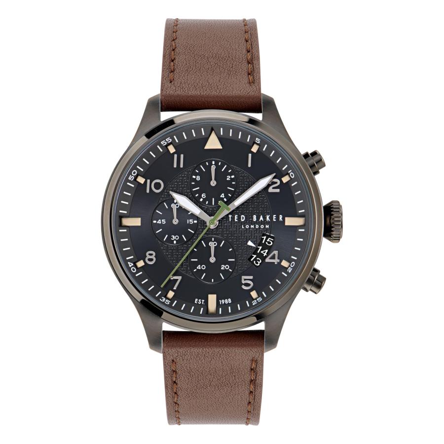 Ted Baker メンズ クロノグラフ腕時計 44mm ガンメタルIPリサイクルステンレスケース ブラックダイヤル ブラウンレザーストラップ クォーツ