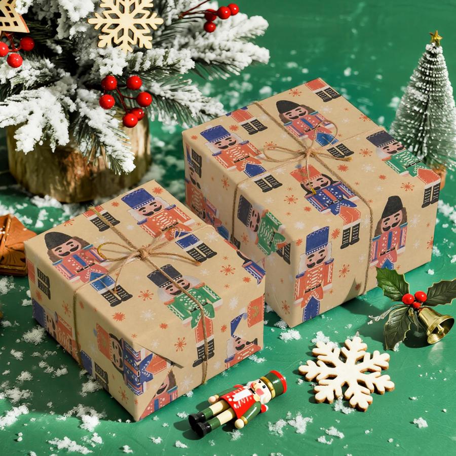 WRAPAHOLIC Kraft Christmas Wrapping Paper Roll - 17 Inch x 16.4 Feet Mini Roll, with the Nutcracker Pattern, for Christmas, Holiday, Party Celebrationの画像