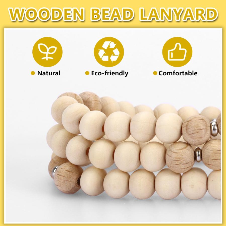 YAVVOZH Teacher Lanyard with Id Holder, Cute Lanyards for Id Badges Keys, Retractable Natural Wooden Beaded Lanyard for Women, Gold Teachの画像