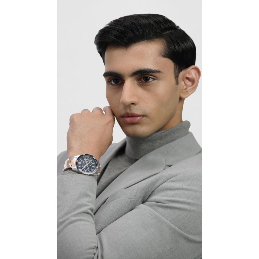 Armani Exchange AX1965 メンズ クロノグラフ腕時計 44mm ブルーダイヤル ツートーンローズゴールドブレスレット 10気圧防水の画像