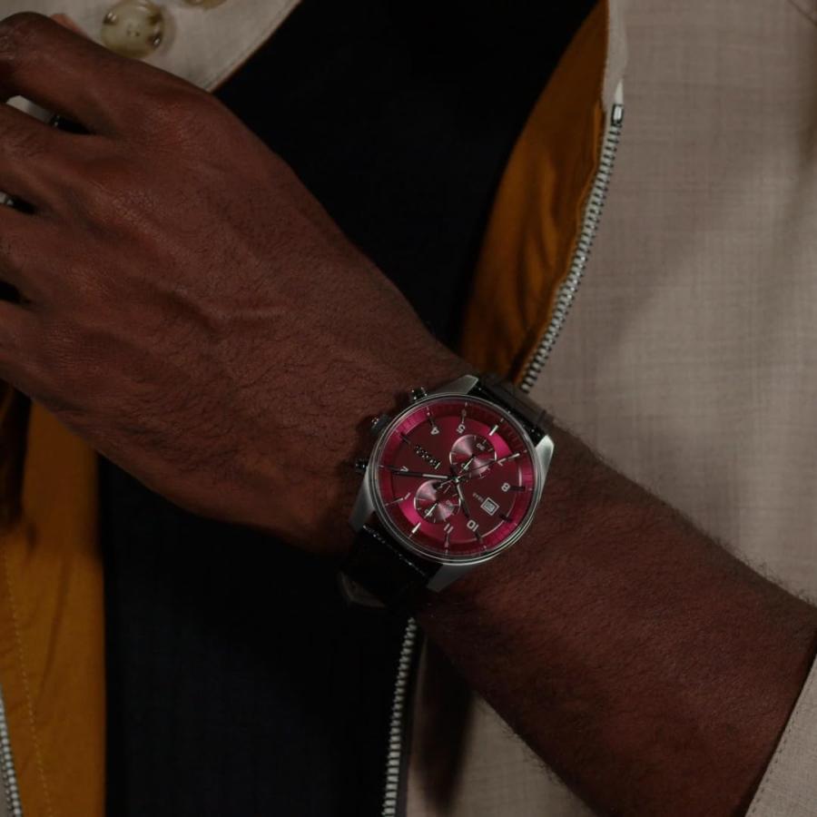 BOSS Skytraveller 1514193 メンズ クロノグラフ腕時計 44mm バーガンディダイヤル ブラックストラップ デイト表示 5気圧防水の画像