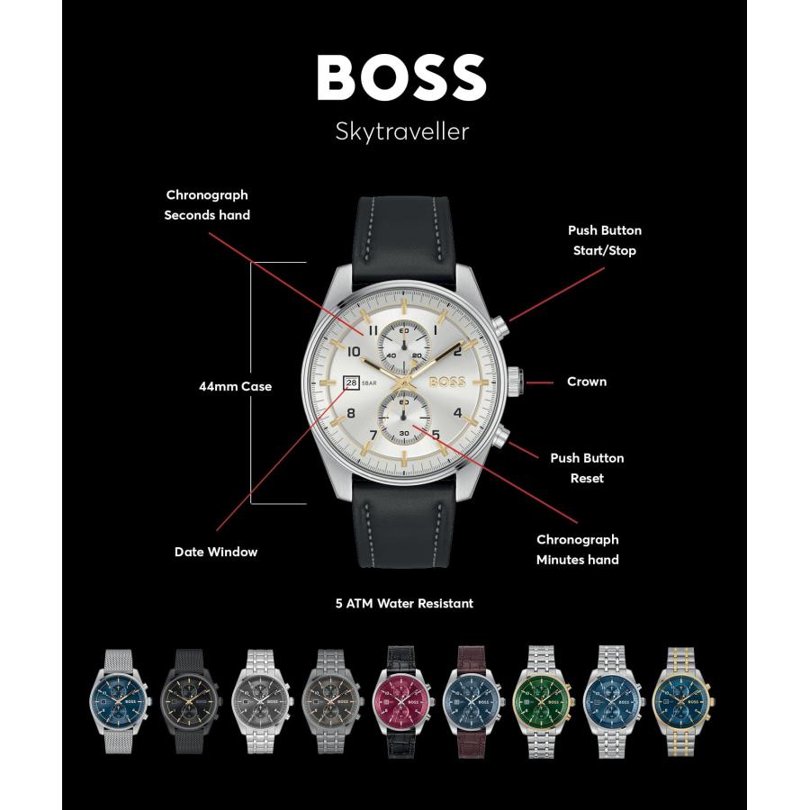 BOSS Skytraveller 1514193 メンズ クロノグラフ腕時計 44mm バーガンディダイヤル ブラックストラップ デイト表示 5気圧防水の画像