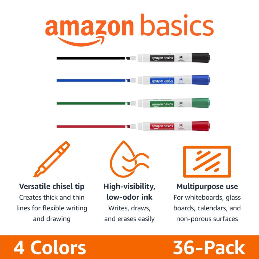 Amazon Basics Low-Odor Dry Erase Whiteboard Markers, Chisel Tip, Quick-Dry, 4 Assorted Colors, 36-Packの画像