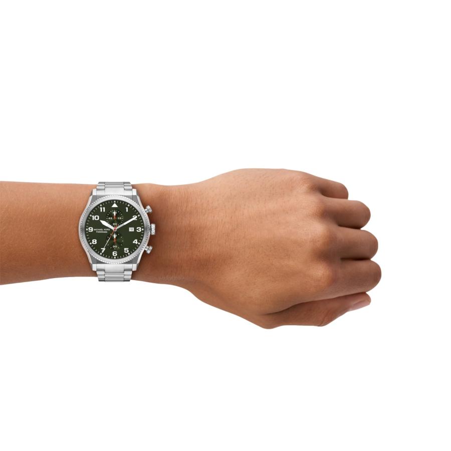 Michael Kors Panorama メンズ クロノグラフ 44mm ステンレス Hリンクブレスレット シルバー パイロット風デザインの画像