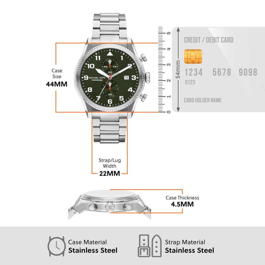 Michael Kors Panorama メンズ クロノグラフ 44mm ステンレス Hリンクブレスレット シルバー パイロット風デザインの画像