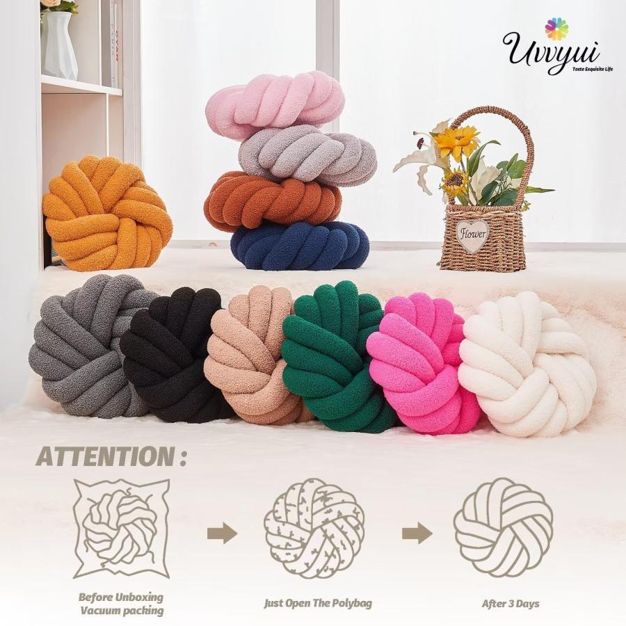 Uvvyui ノットピロー、14インチ 装飾スローピロー ラウンドピロークッション、ソフトハンドメイド 結び目ボールピロー フラシ天クッション ベッド、カウチ、リビの画像