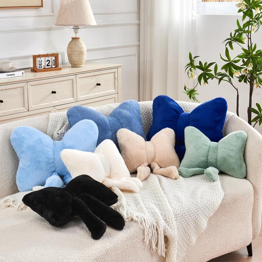 XVTRU ベージュ ボウピロー ソフト リボン 装飾枕 フェイク ラビット ファー付き かわいい 16インチ ボウ スローピロー 美的 ホームデコ 弓形 フラシ天 枕 寝室の画像