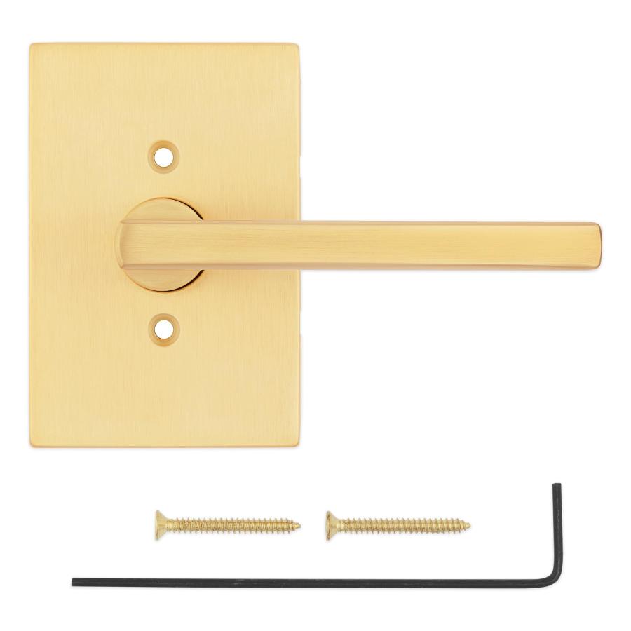 Kwikset Halifax ダミードアハンドル、クローゼット、フレンチダブルドア、パントリー用片面レバー、サテン真鍮長方形、回転しないリバーシブルインテリアプッシ