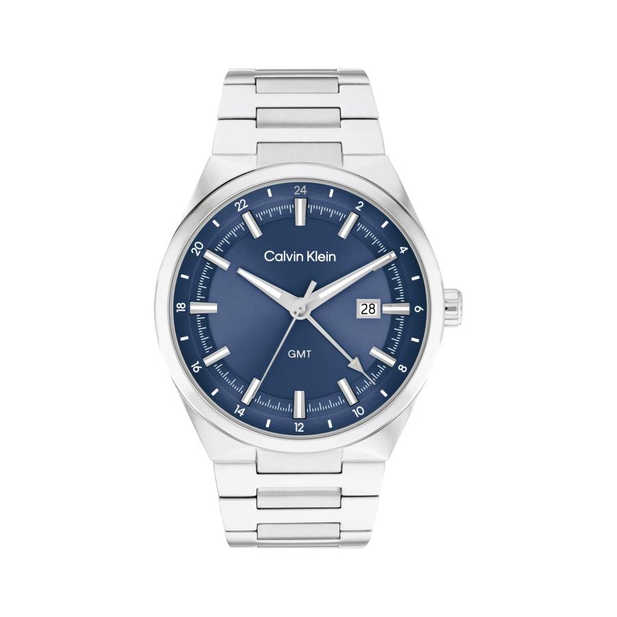 Calvin Klein メンズ Distinguish GMTクォーツ腕時計 44mm ステンレスH-リンクブレスレット ネイビーダイヤル 24時間トラック 第2時間帯表示 3ATM