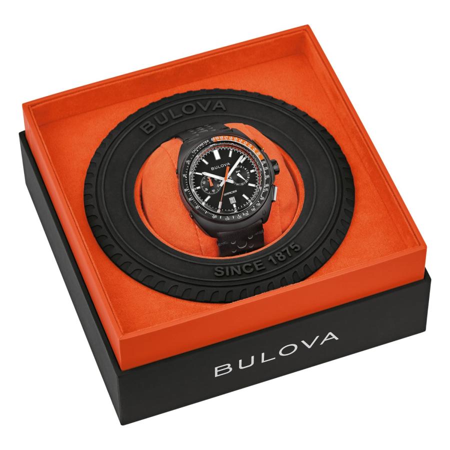 Bulova レーサー クロノグラフ 98B428 42mm タキメーター オレンジアクセント 夜光マーカー 穴あきレザーの画像