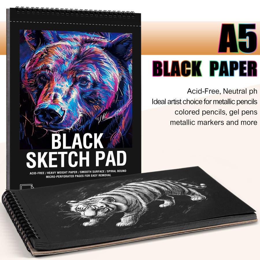 ブラックペーパースケッチブック 30枚 100ポンド/160gsm 厚手ブラックスケッチパッド 5.5×8.5インチ 中性画用紙 スパイラル綴じスケッチブック 子供/ティーン/_1