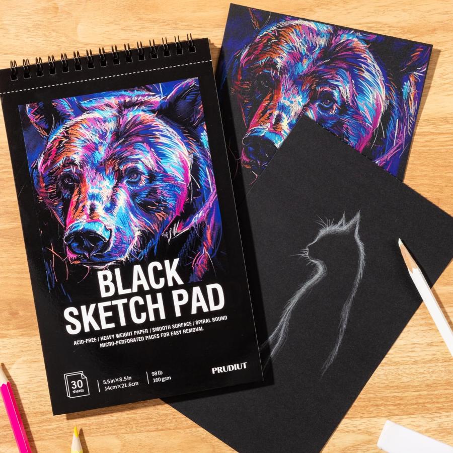 ブラックペーパースケッチブック 30枚 100ポンド/160gsm 厚手ブラックスケッチパッド 5.5×8.5インチ 中性画用紙 スパイラル綴じスケッチブック 子供/ティーン/_6
