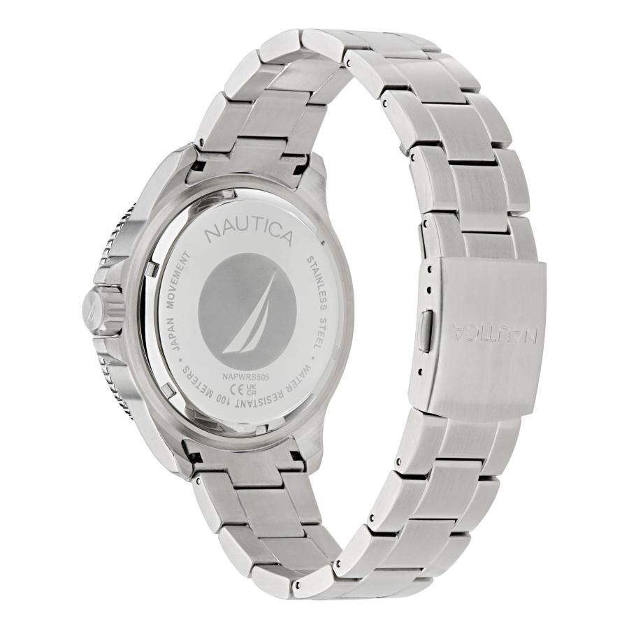 Nautica NCT Windrose 多機能 腕時計 46mm シルバートーン リサイクルスチールブレスレット ブルーダイヤル 100m防水 夜光針の画像