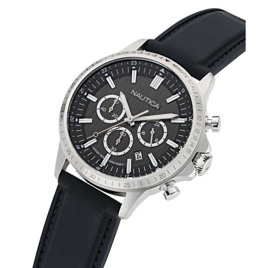 Nautica NCT Blue Ocean メンズ シリコンウォッチ 45mm クロノグラフ ブラックダイヤル 夜光 シルバートーンの画像
