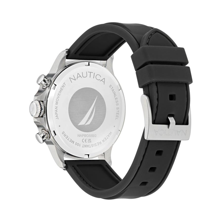 Nautica NCT Blue Ocean メンズ シリコンウォッチ 45mm クロノグラフ ブラックダイヤル 夜光 シルバートーンの画像