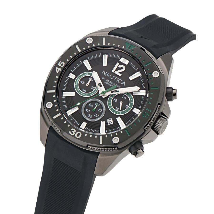 Nautica NCT Blue Sail メンズ シリコンウォッチ IPブラック 46mm クロノグラフ ブラックダイヤル 夜光の画像