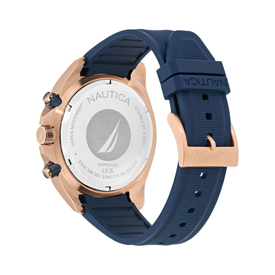 Nautica NCT Blue Sail メンズ シリコンウォッチ ローズゴールドトーン 46mm ブルーダイヤル クロノグラフ 日付 夜光の画像