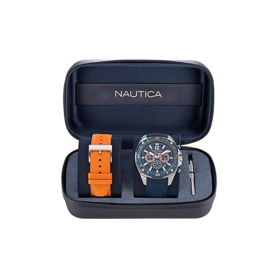Nautica NCT Blue Sail メンズ シリコンウォッチ シルバートーン 46mm ブルーダイヤル クロノグラフ 日付 夜光の画像