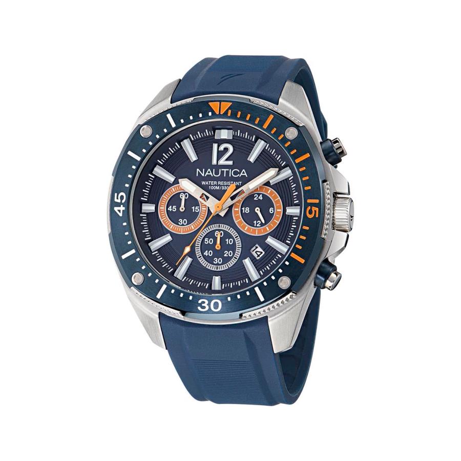 Nautica NCT Blue Sail メンズ シリコンウォッチ シルバートーン 46mm ブルーダイヤル クロノグラフ 日付 夜光の画像