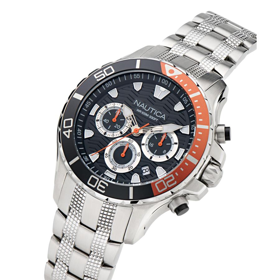 Nautica NST メンズ ステンレススチールウォッチ シルバートーン 44mm ブラックダイヤル クロノグラフ 夜光の画像
