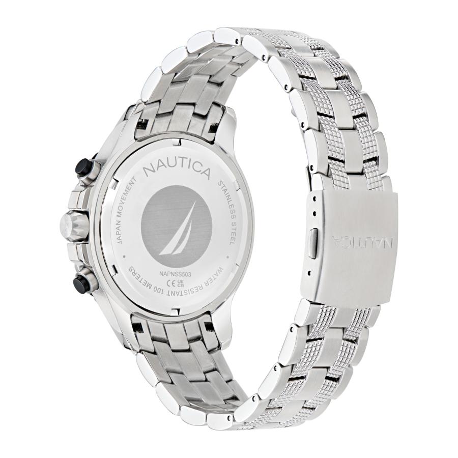 Nautica NST メンズ ステンレススチールウォッチ シルバートーン 44mm ブラックダイヤル クロノグラフ 夜光の画像