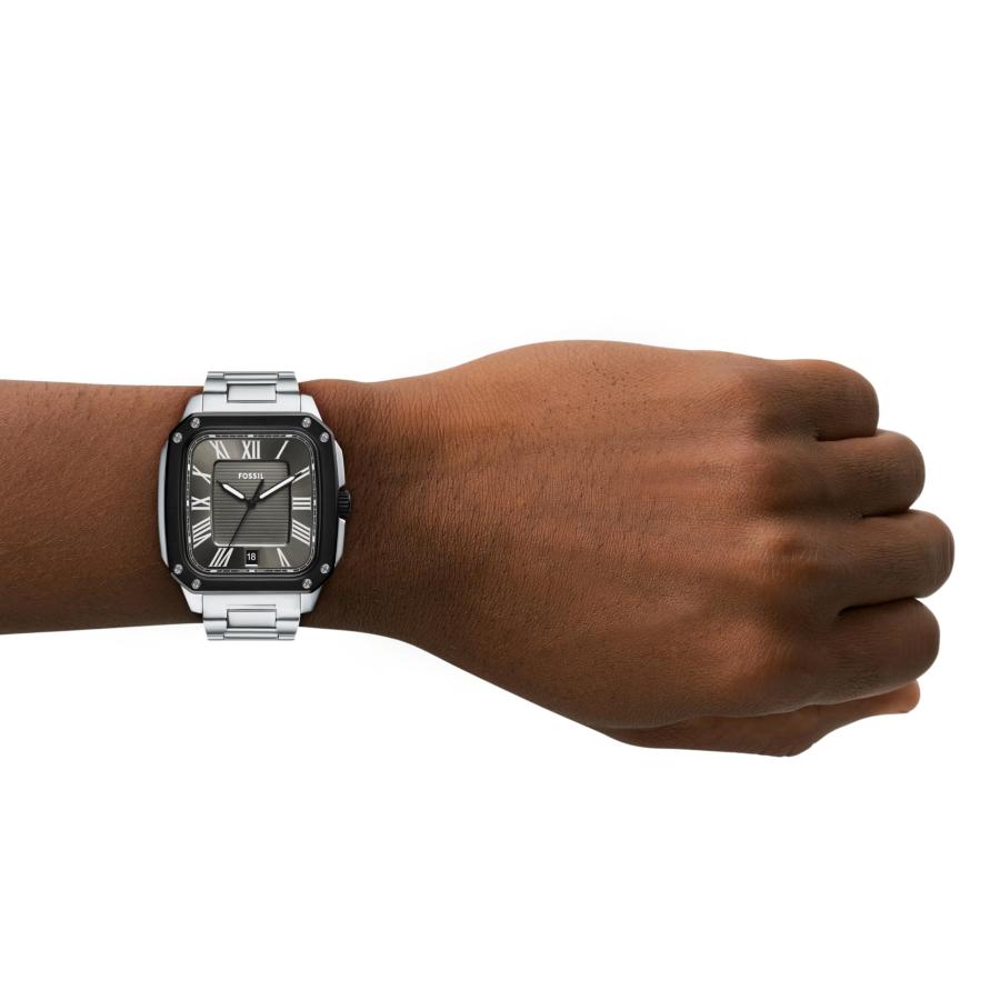 Fossil Crosby メンズ 3針 日付表示 ステンレススチールウォッチ 42mm シルバー×ブラック ミネラルクリスタル クォーツ FS6122の画像