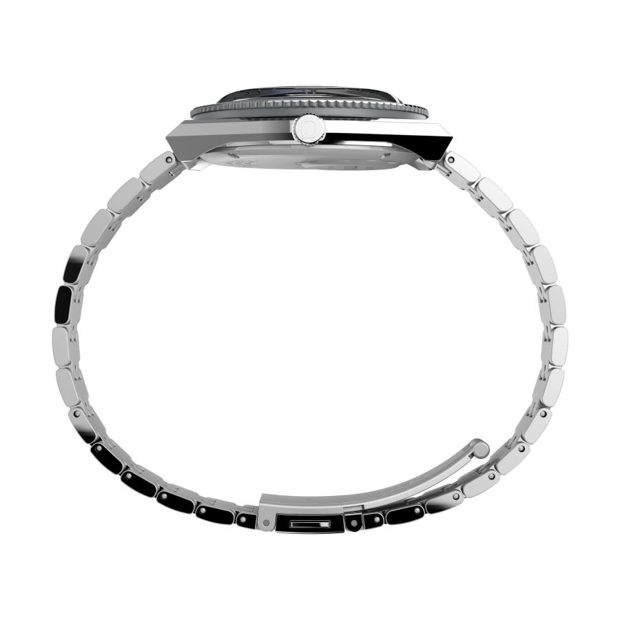 Timex Q GMT 38mm ブラックダイヤル ブルーアクセント スチールブレスレット 曜日日付 防水50mの画像
