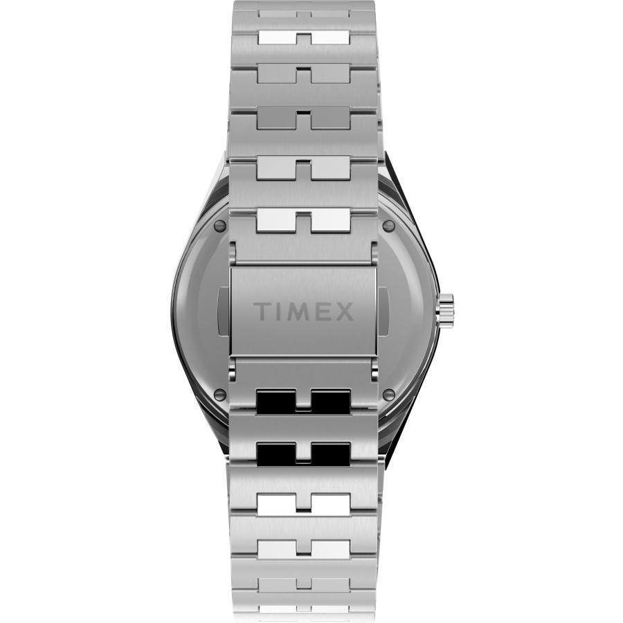 Timex Q GMT 38mm ブラックダイヤル ブルーアクセント スチールブレスレット 曜日日付 防水50mの画像